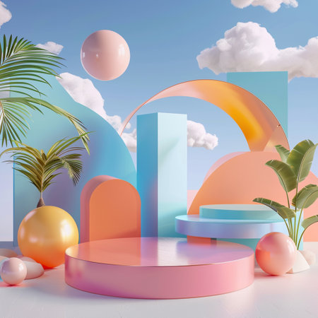 3d render, abstract minimal geometric forms, podium for your design.の素材