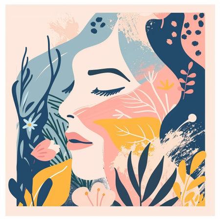 Beautiful woman face with abstract flowers and leaves. Vector illustration.の素材