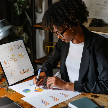 Image of young african american businesswoman in eyeglasses working in office.の素材