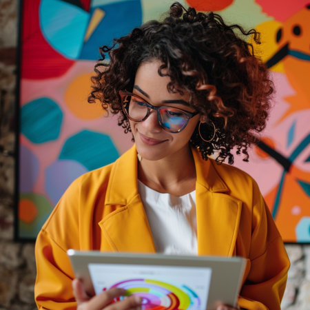 Portrait of a beautiful young woman with curly hair in a yellow jacket and glasses using a digital tablet.の素材