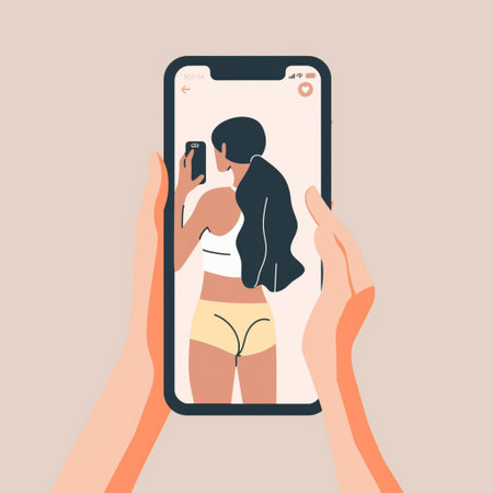 Selfie of young woman on smartphone screen. Flat vector illustration.の素材