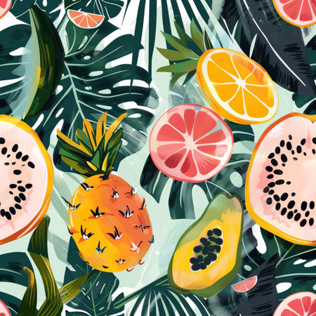 Seamless pattern with exotic fruits and palm leaves. Vector illustration.の素材
