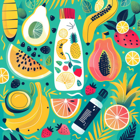Seamless pattern with fruits and smoothies. Vector illustration.の素材