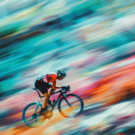 Cyclist Riding the Mountain Bike on the Multicolor Blured Backgroundの素材