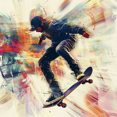 Skateboarder in action on a grunge abstract background.の素材