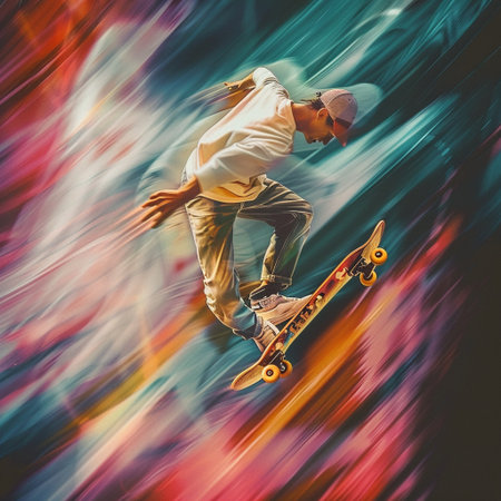 Skateboarder in action, motion blur. Extreme sports.の素材