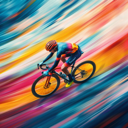 Cyclist Riding the Bike on the Colorful Motion Blur Backgroundの素材
