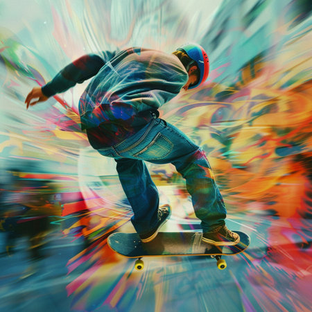 Skateboarder riding a skateboard on a skatepark.の素材