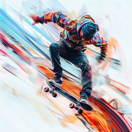 skateboarder in action on a skateboard on colored backgroundの素材