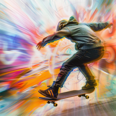 A skateboarder rides a longboard on a graffiti background.の素材
