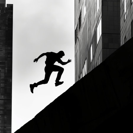 Silhouette of a man jumping in front of a skyscraperの素材