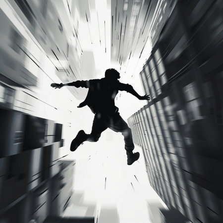 Silhouette of a man jumping in the air against a futuristic background.の素材