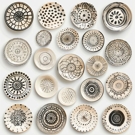 Set of decorative ceramic plates isolated on white background. Top view.の素材