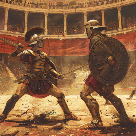 Ancient Roman legionary warriors in armor with shield and sword in front of old theaterの素材