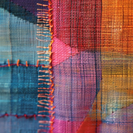 Colorful hand woven fabrics background. Close-up. Selective focus.の素材