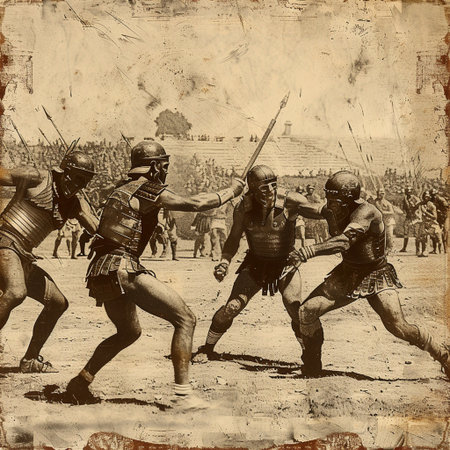 Vintage photo of a group of medieval warriors on the battlefield.の素材
