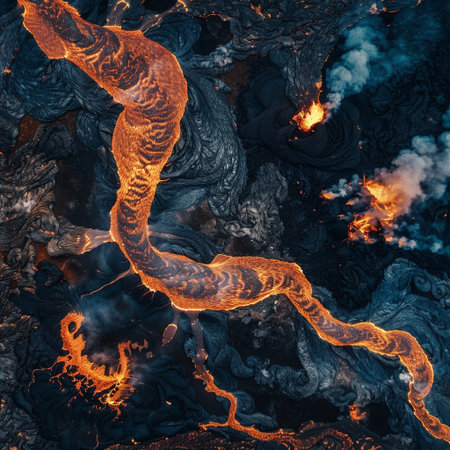 3D illustration of a volcano eruption with lava and lava flow.の素材