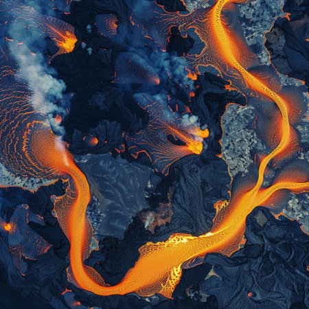 Aerial view of volcano crater with lava and smoke. 3D renderingの素材