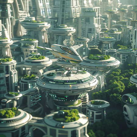 Futuristic city with skyscrapers and spaceship. 3D renderingの素材