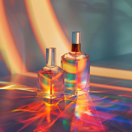 Perfume bottles on colorful background. 3d render illustration.の素材