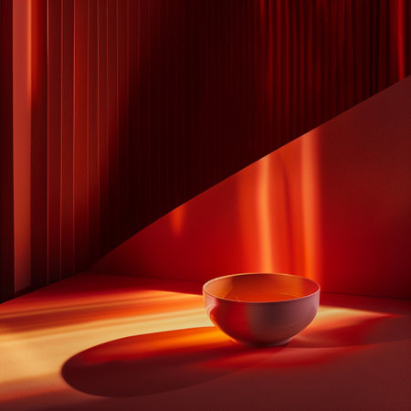 3d rendering of a red podium in a room with red curtainsの素材