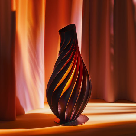 3d render of a vase on a stage with orange curtainsの素材