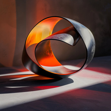 3d render of abstract geometric shapes in a dark room with red lightingの素材