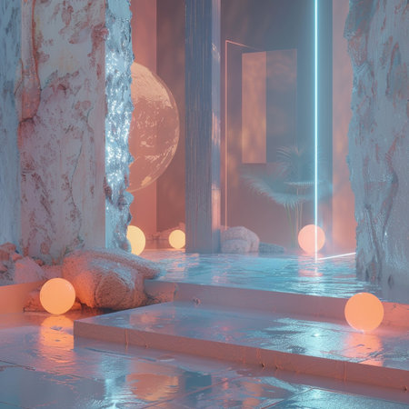 3D rendering of a fantasy interior with a fantasy portal and a moonの素材