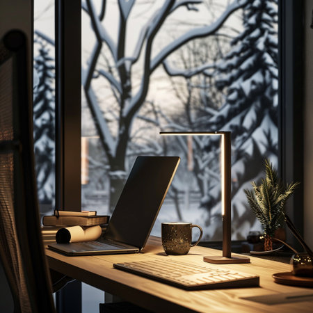 Modern workplace with laptop, coffee cup and books on wooden table in front of window with winter view. 3d renderの素材