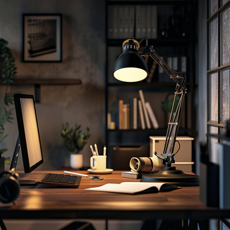 Working place with computer, lamp and coffee cup. 3D Renderingの素材