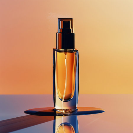 Perfume bottle isolated on orange background. 3d illustration.の素材