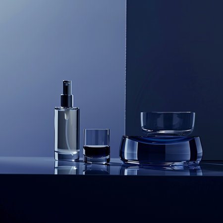 Perfume bottles on a dark blue background. 3d renderingの素材
