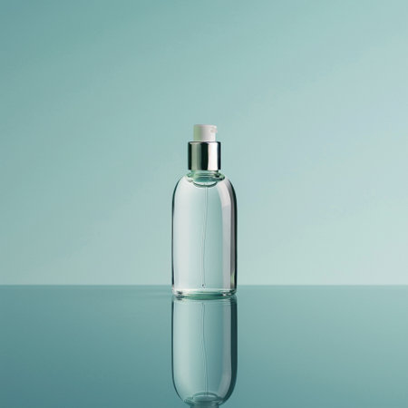 Cosmetic bottle on blue background with reflection. Skin care concept.の素材