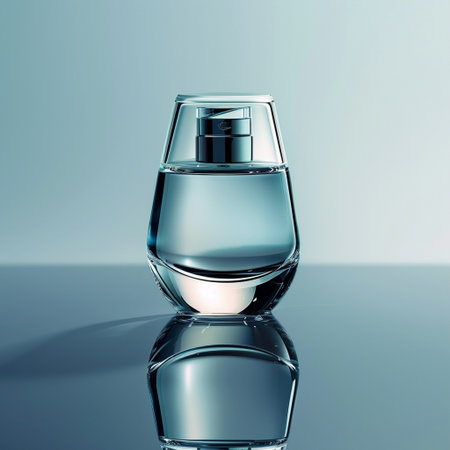 Perfume in a glass bottle on a blue background. 3d renderingの素材