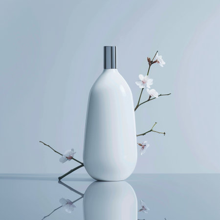 Plum blossom cosmetic bottle mockup, 3d render illustrationの素材