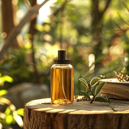 Essential oil in a glass bottle on a wooden table in natureの素材