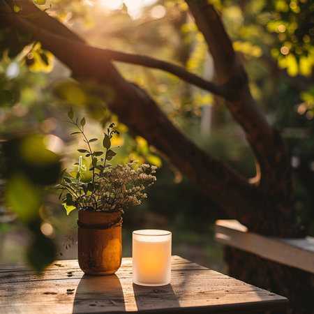 Candle light in a vase on a wooden table in the gardenの素材
