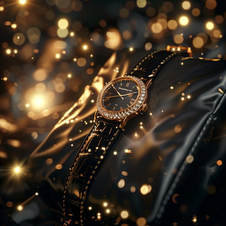 Wristwatch with gold bracelet on black leather case, closeupの素材