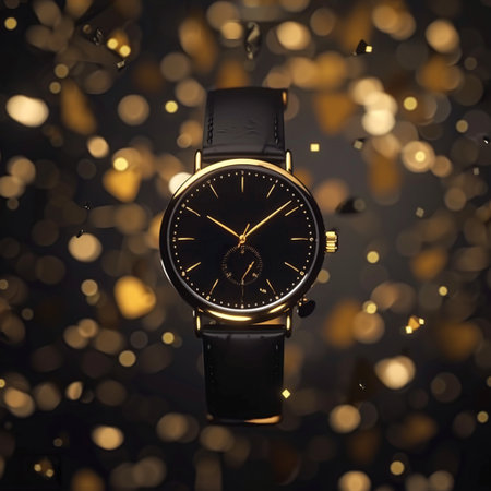 Wrist watch on a black background with golden bokeh.の素材