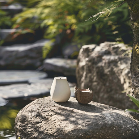 Ceramic vase on a stone in the garden. Vintage styles.の素材
