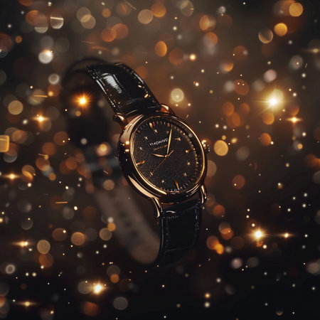 Wristwatch on a black background with golden bokeh.の素材