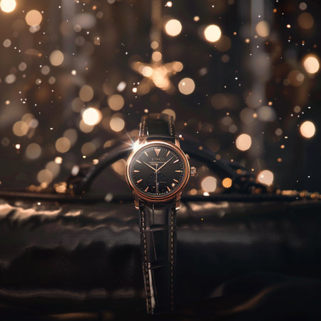 Wristwatch on black leather case with bokeh background.の素材