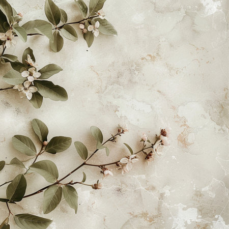 Flowering branch of cherry on a textured grunge backgroundの素材