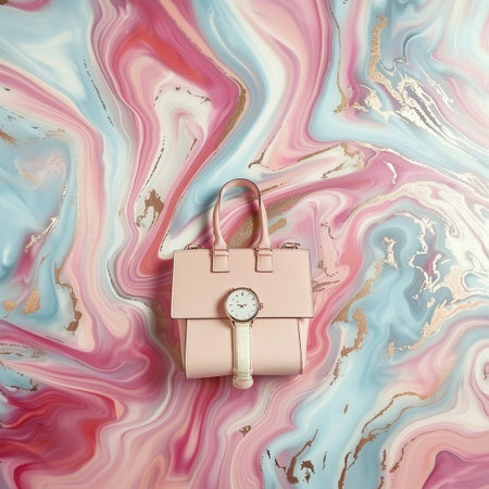 Fashionable women's handbag on a background of pink and blue marbleの素材