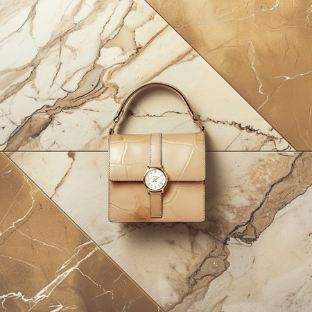 Luxury leather handbag on a marble background. Flat lay.の素材