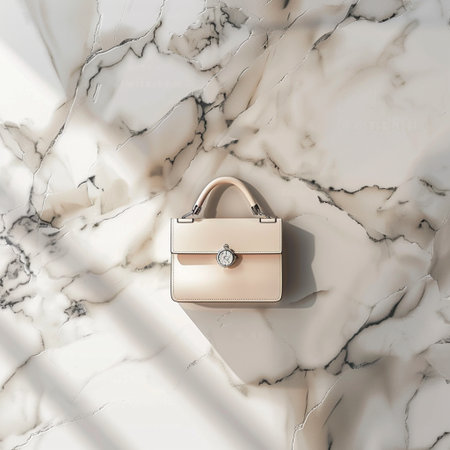 Luxury leather handbag on white marble background, top viewの素材