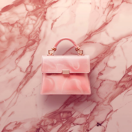 Pink leather clutch on a pink marble background. Fashionable concept.の素材