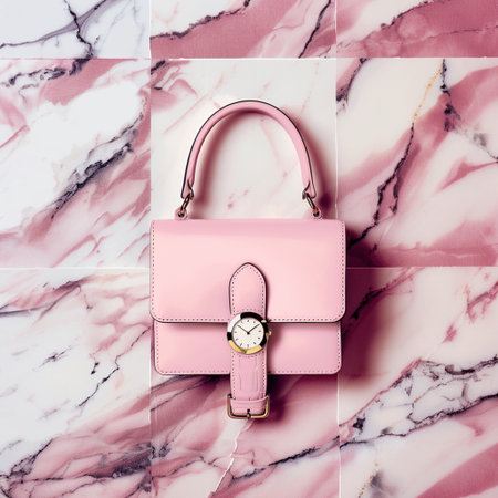 Fashionable women's handbag on a pink marble background.の素材