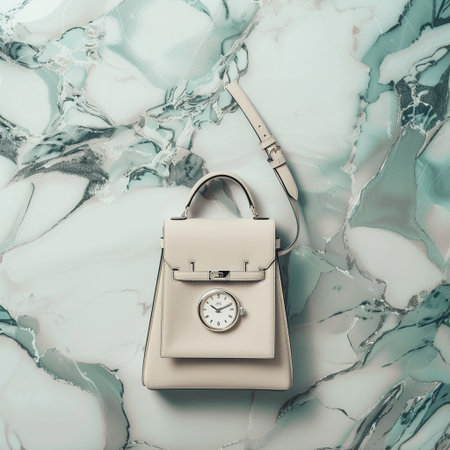 Stylish women's handbag on a marble background. Toned imageの素材