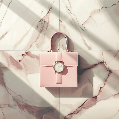 Pink handbag background. Flat lay, top view.の素材